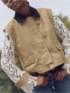 HILL HOUSE HOME CLARISSE Jacket Lace Sleeves in Khaki Canvas Size Large NWOT